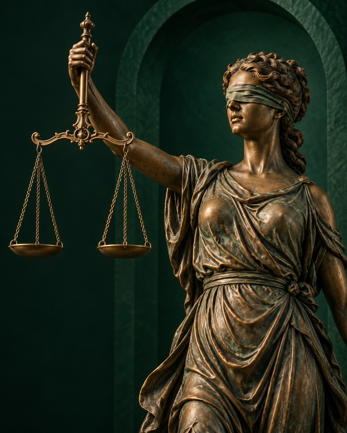 Escultura de la Justicia con una balanza, sobre un fondo verde profundo.