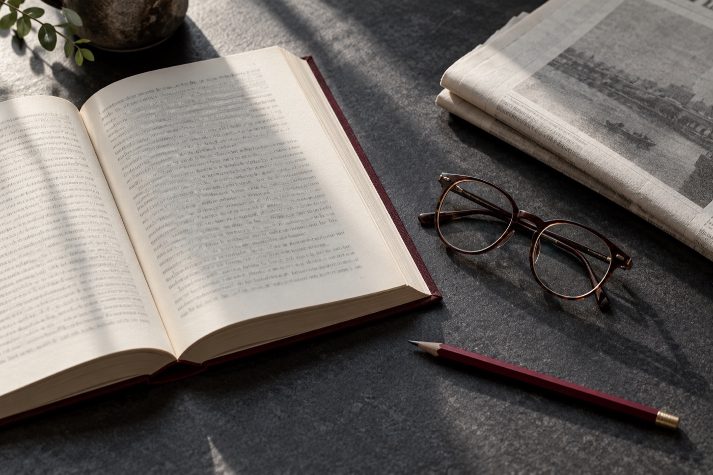 Libros, hojas y lentes de lectura sobre un escritorio.